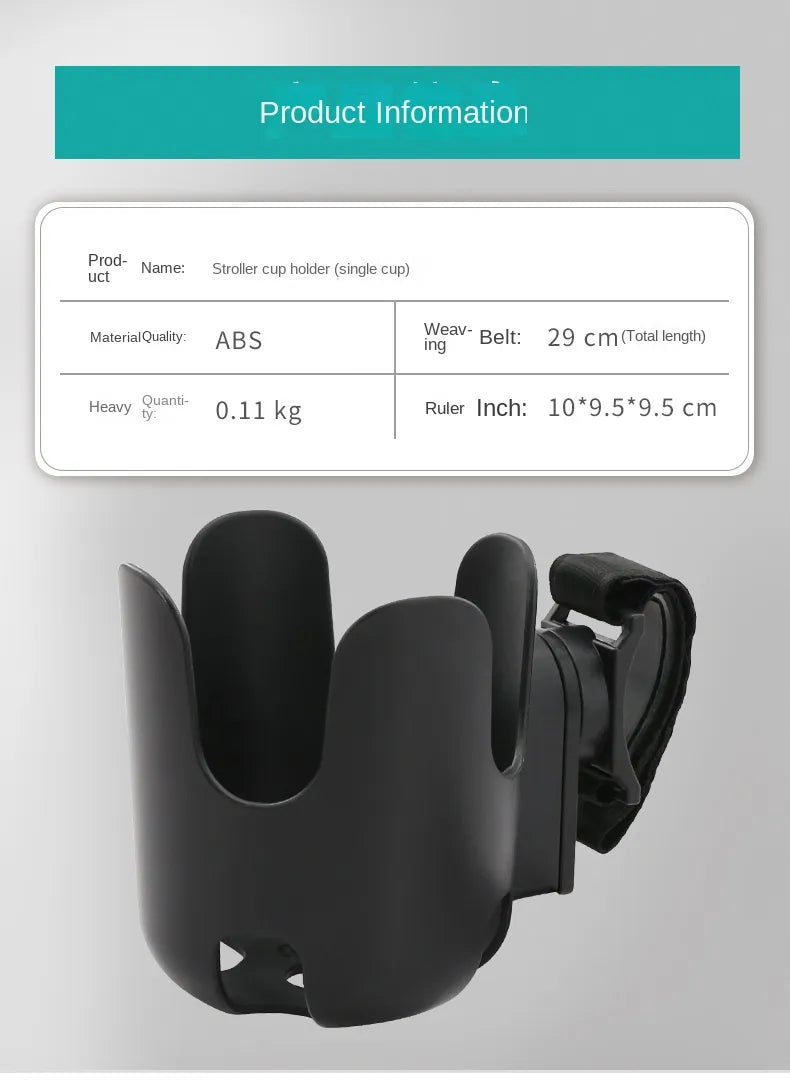 Versatile universal stroller cup holder offers convenient storage for baby's bottle.