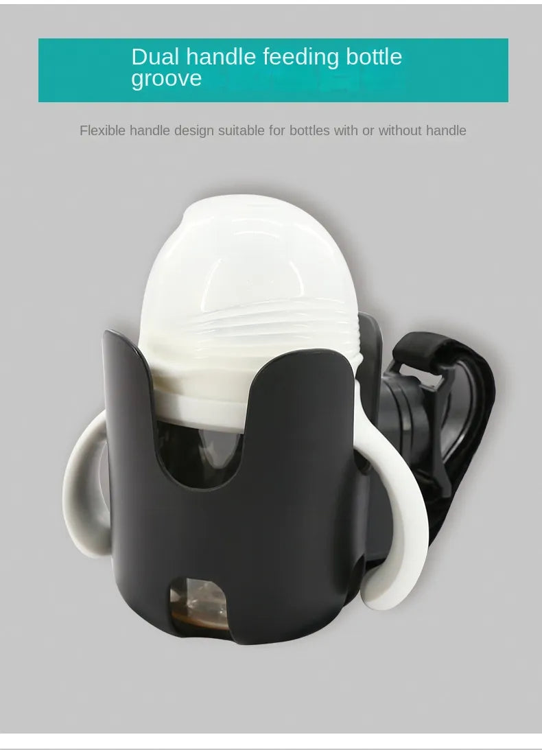 Universal stroller cup holder with non-slip grip, prevents spills for baby bottles.