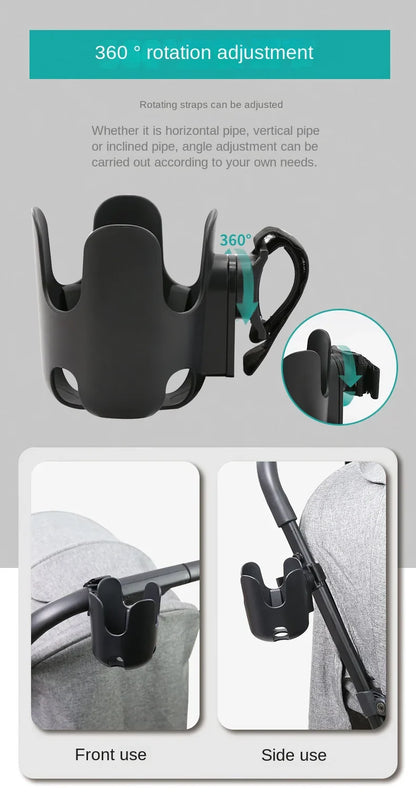 Convenient universal cup holder, perfect for carrying drinks while pushing a stroller.