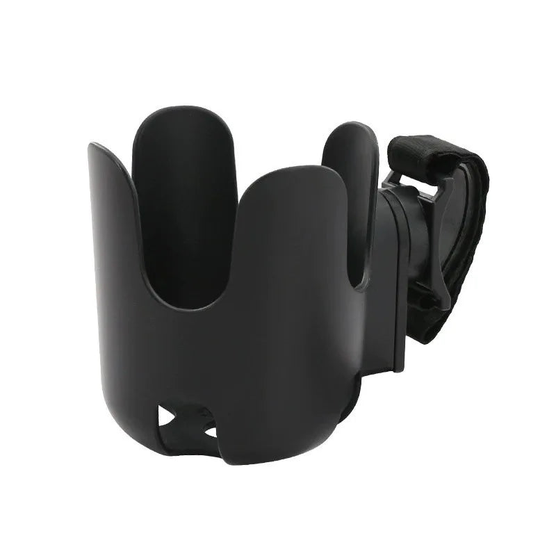 Black universal stroller cup holder, durable plastic, keeps drinks upright for parents.