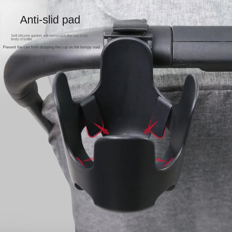 Practical universal cup holder for strollers, designed for baby bottles and adult beverages.