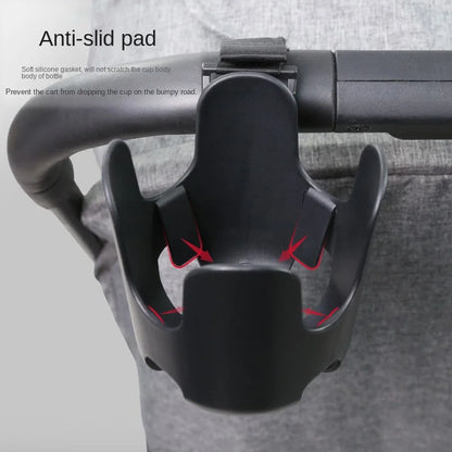 Practical universal cup holder for strollers, designed for baby bottles and adult beverages.