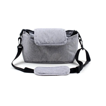 Front view of a versatile linen stroller organizer, suitable for various stroller types.