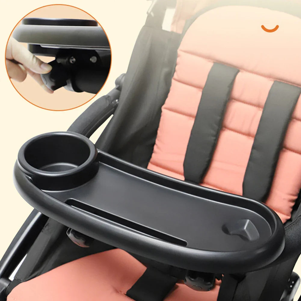 Universal stroller snack tray with secure cup holder and phone stand, perfect for baby's travel.