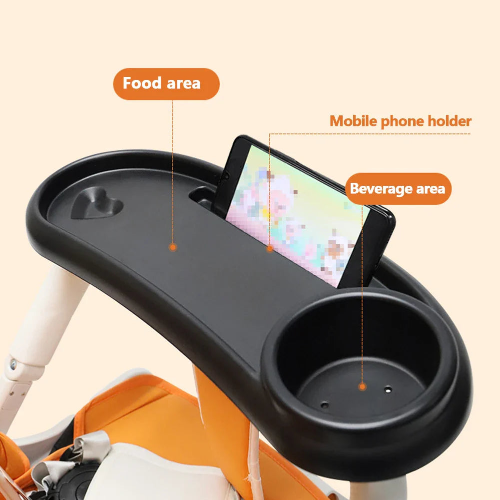 Adjustable universal stroller snack and drink tray with integrated phone holder for on-the-go parents.