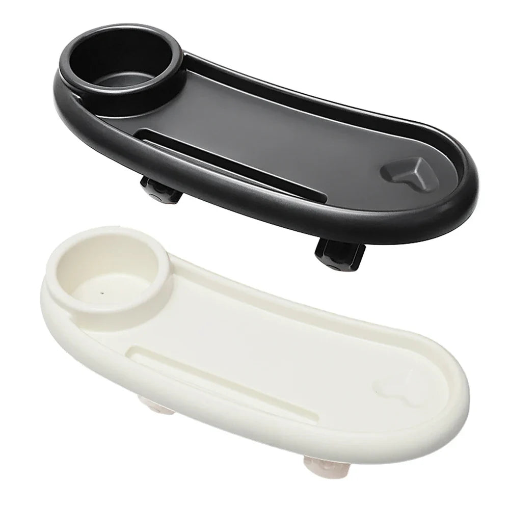 Easy-clean, food-grade universal stroller tray with cup holder and smartphone stand for kids' snacks.