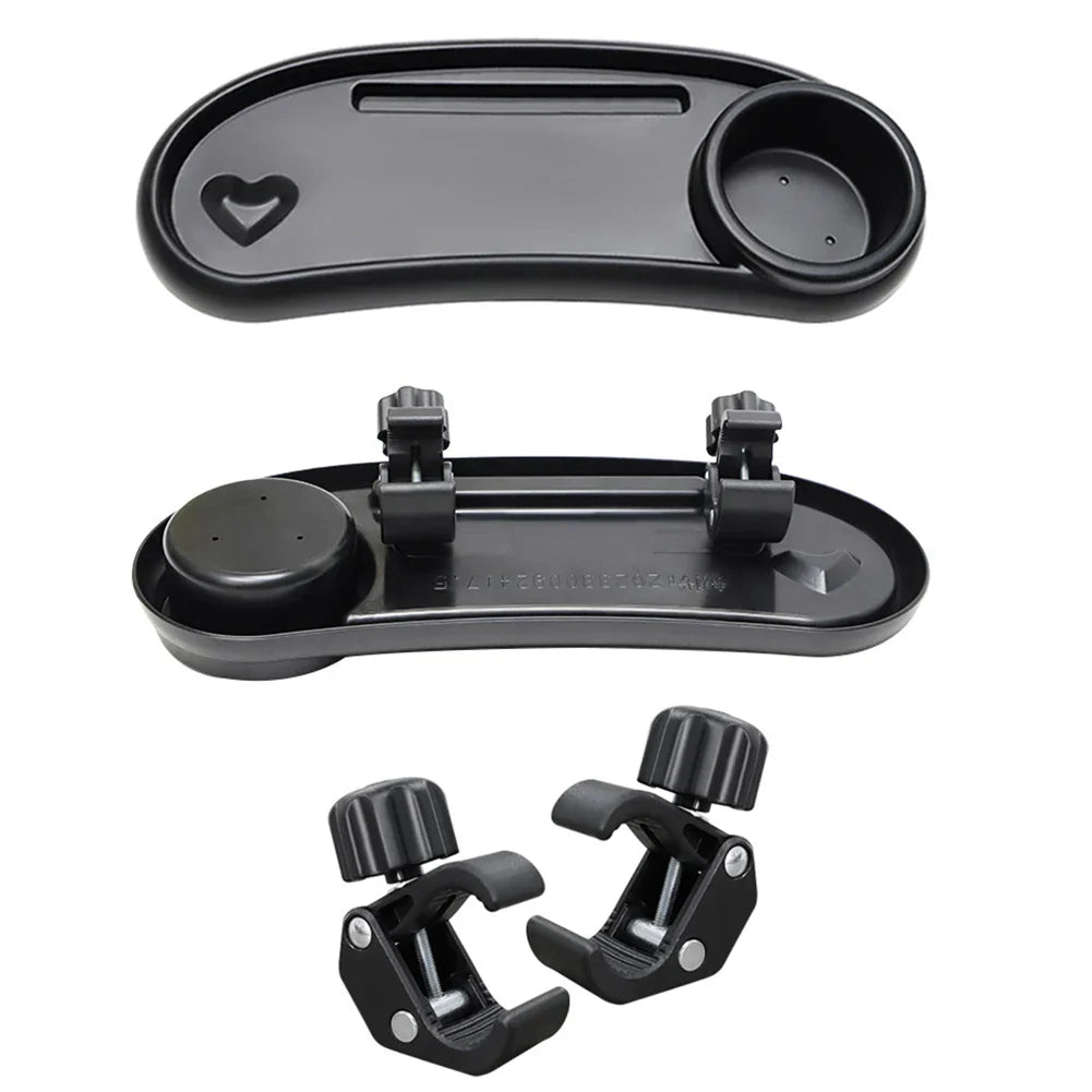 Parenting gear: versatile stroller snack tray with phone and cup holders, universal fit for most strollers.