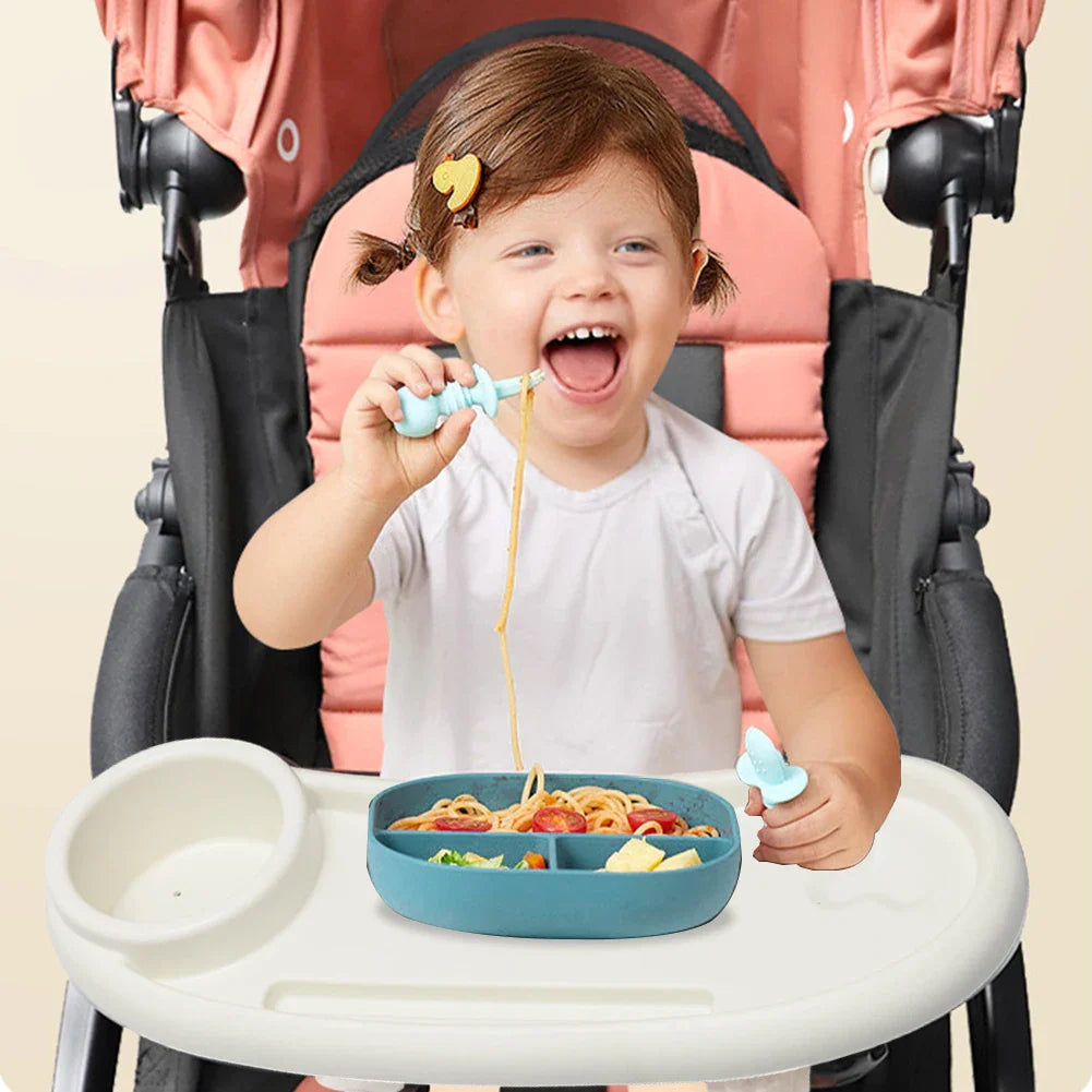 Compact universal stroller snack tray with an attached cup holder and phone slot, ideal for travel.
