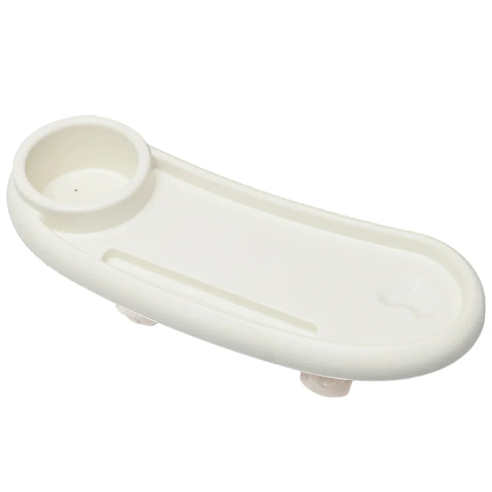 Black universal stroller tray as a baby accessory, providing snack and drink storage with phone visibility.