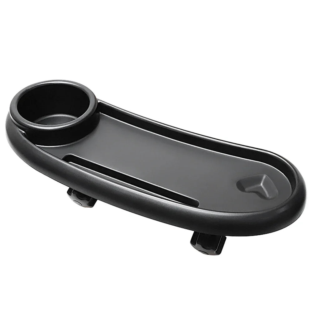 Food grade universal stroller accessory: snack tray with built-in cup holder & phone stand for babies.