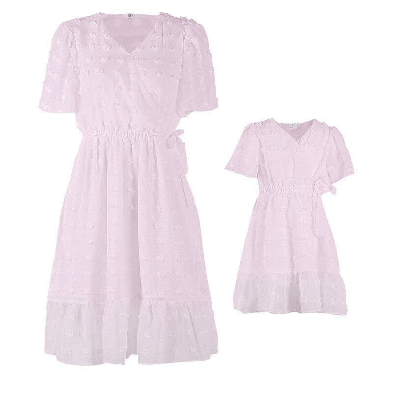 Lightweight V-neck short sleeve dresses for women and girls, ideal for casual family outings