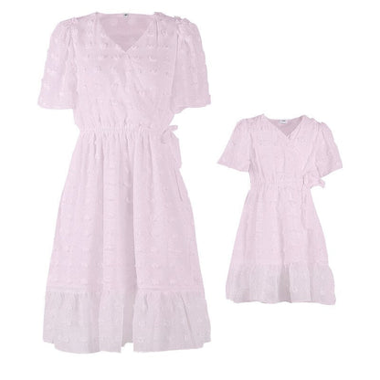 Lightweight V-neck short sleeve dresses for women and girls, ideal for casual family outings