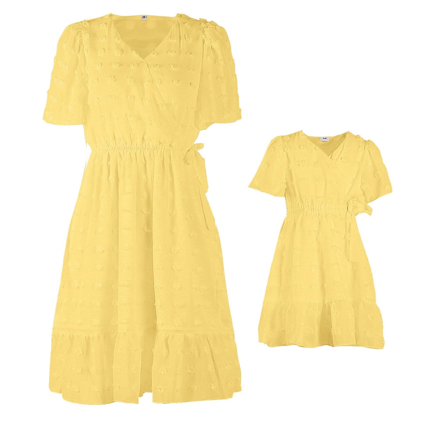 Summer casual V-neck short sleeve matching dresses for mom and daughter, comfortable polyester