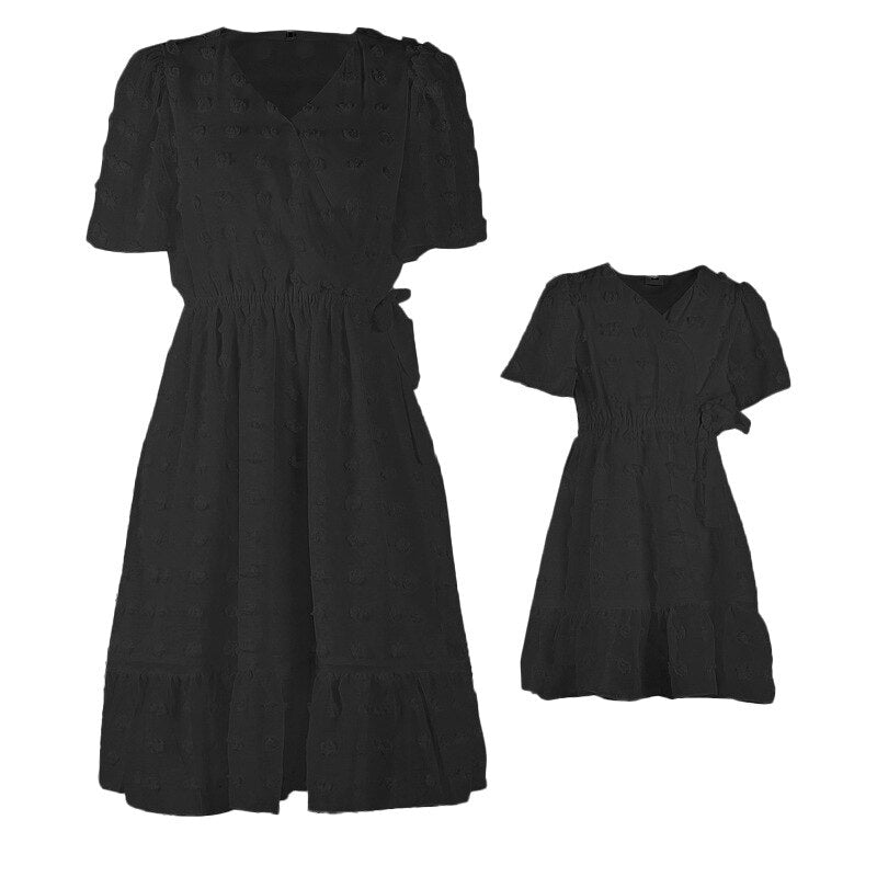 Coordinating V-neck short sleeve dresses, women's and girls' sizes, great for family pictures