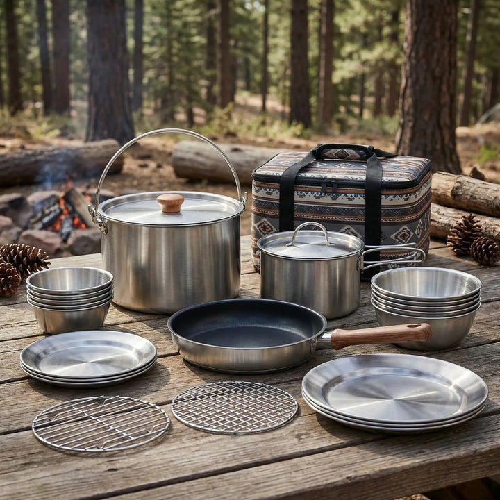 Versatile multi-piece stainless steel camping cookware set for outdoor cooking & camp kitchen essentials.