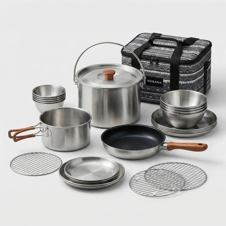 Portable stainless steel camping cooking set, ideal for hiking, travel, and picnic meals in nature.