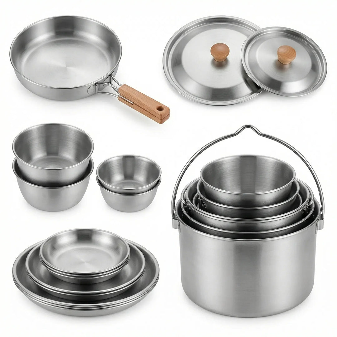 Durable multi-piece outdoor cooking set, compact design for easy carrying on all your camping adventures.