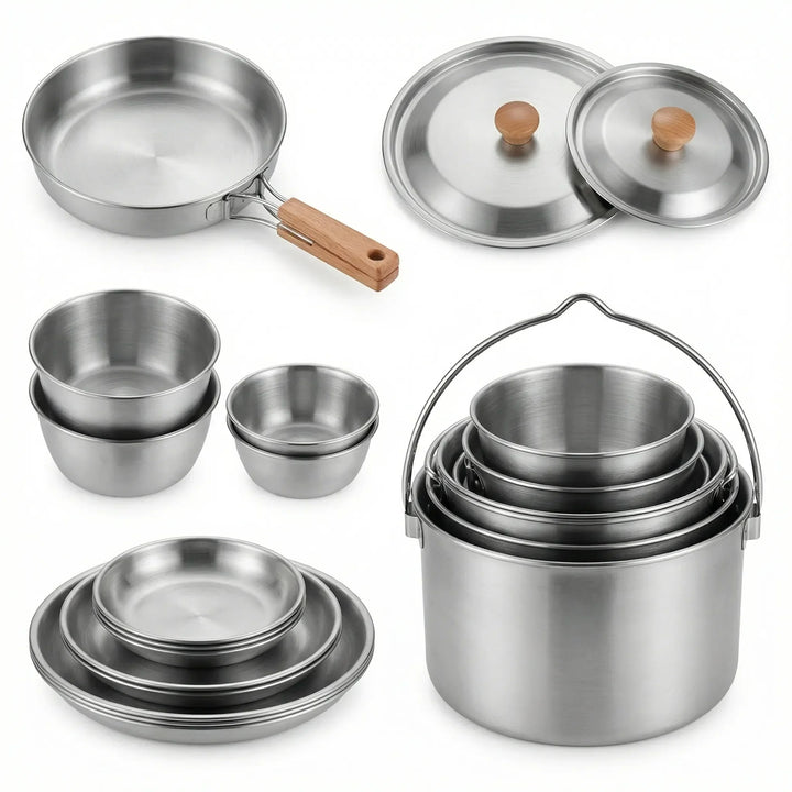 Durable multi-piece outdoor cooking set, compact design for easy carrying on all your camping adventures.
