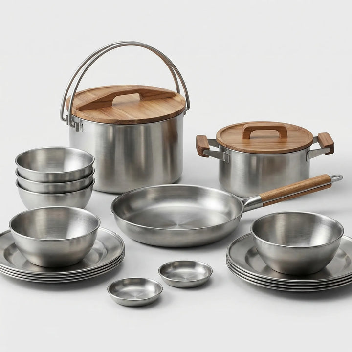 Essential camping gear: a complete stainless steel cookware set for delicious meals on any outdoor trip.