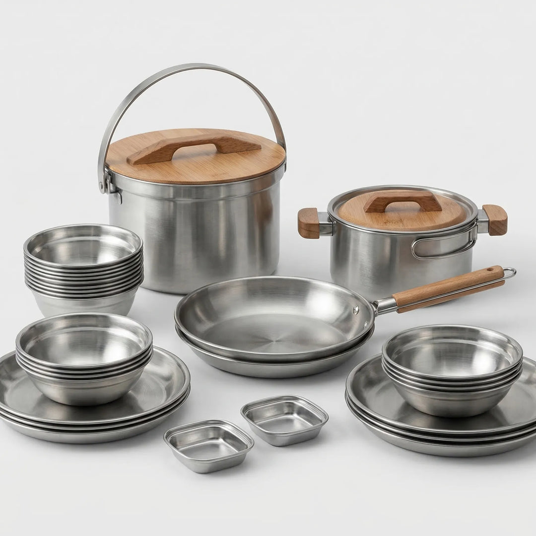 Compact camp kitchen set with multiple pots & pans, perfect for backpacking, hiking, & outdoor cooking.