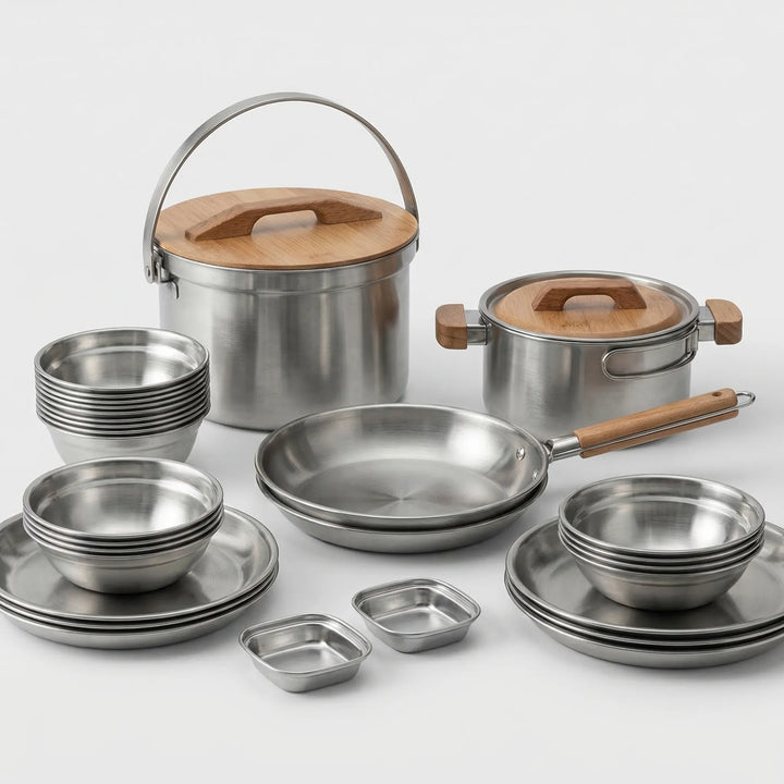 Compact camp kitchen set with multiple pots & pans, perfect for backpacking, hiking, & outdoor cooking.
