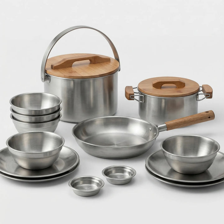 High-quality stainless steel portable cooking set, designed for rugged outdoor use and easy travel.