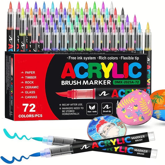 Vibrant acrylic brush tip markers for art projects, drawing, and painting on multiple surfaces.