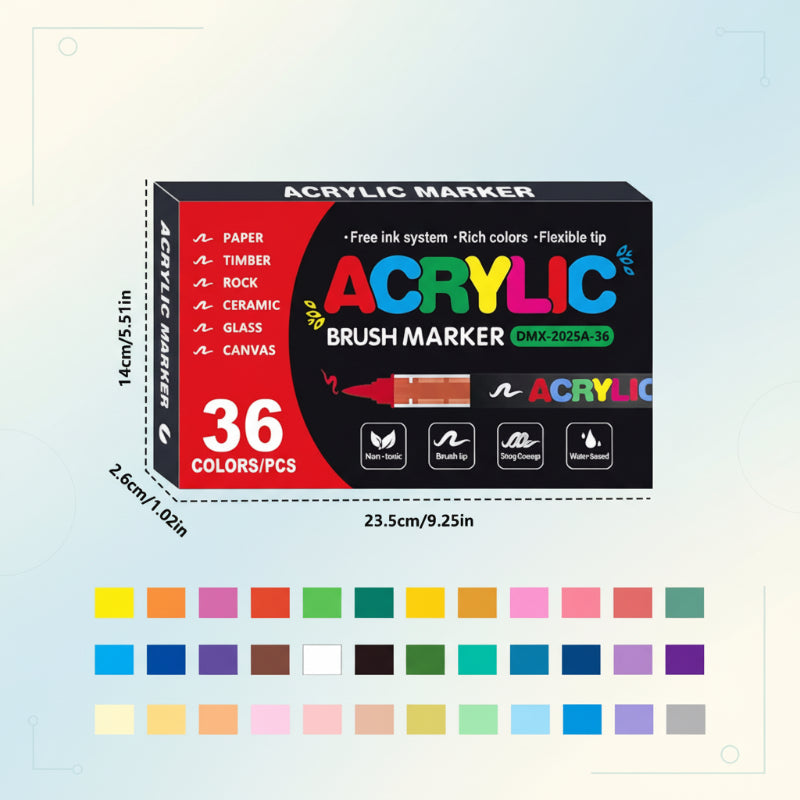 Acrylic brush tip markers laying orderly, showcasing their range for drawing, painting, and DIY.