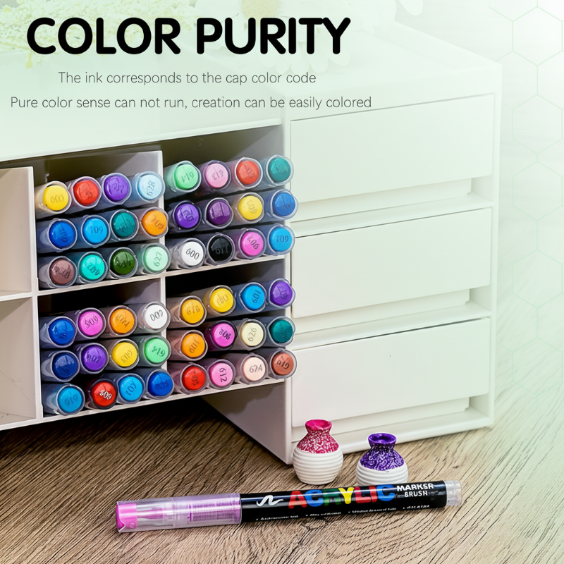 Close-up of acrylic brush tip marker nib, showing flexible brush for drawing and coloring.