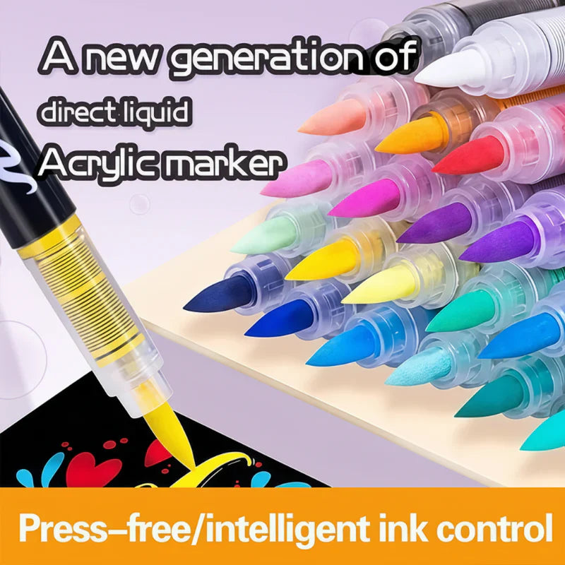 Acrylic markers in assorted colors with brush tips, perfect for detailed art and craft projects.