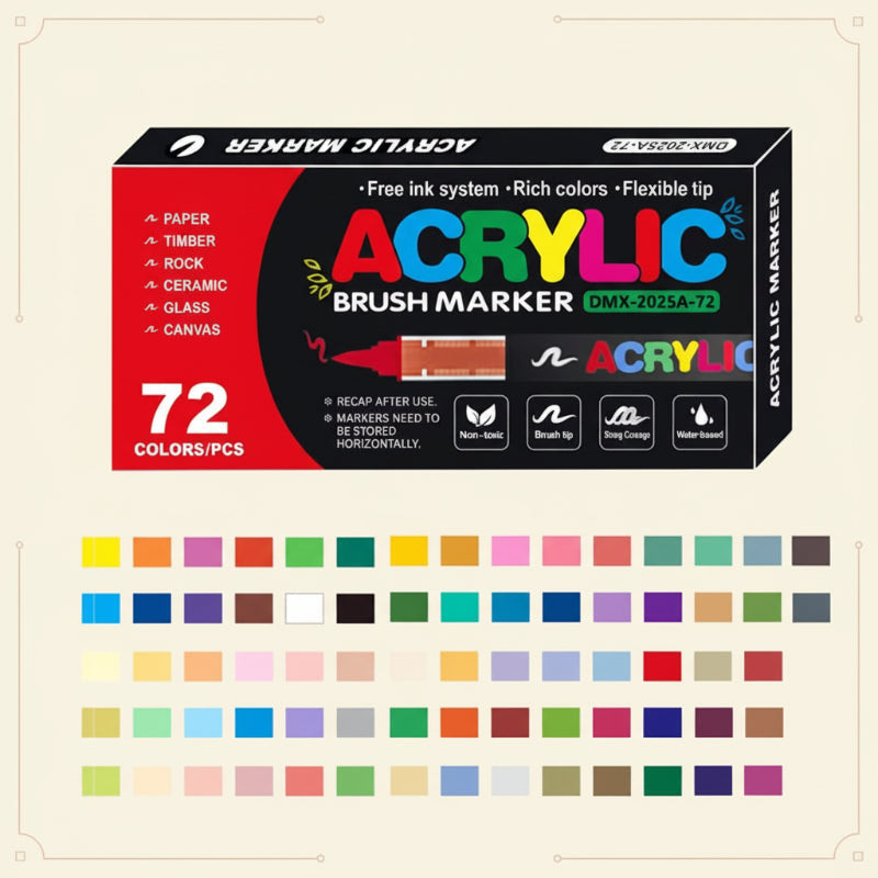 Acrylic brush tip markers on a studio desk, alongside other art supplies for painting and crafts.