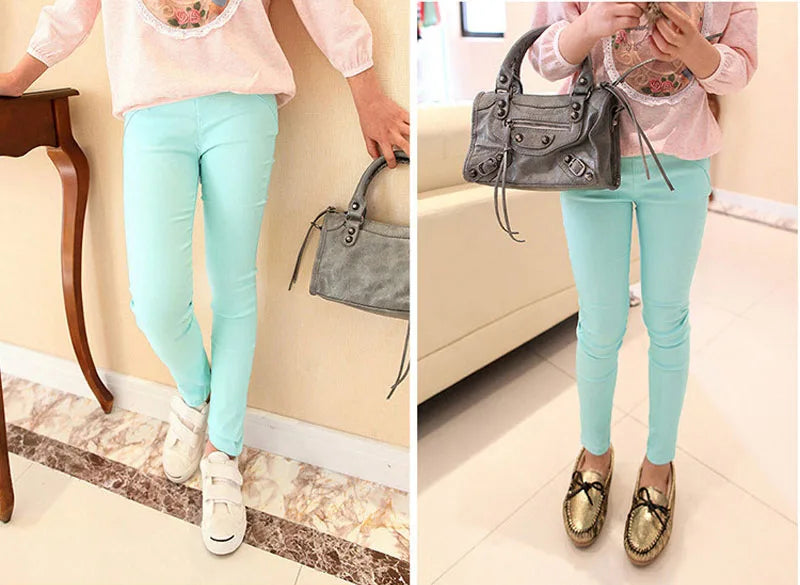 Girls' stylish ankle-length pencil pants in a cheerful candy color, featuring a comfy elastic waist.