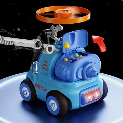 Durable green and orange cartoon inertial car toy with a spinning rotor, engaging for toddlers and kids.