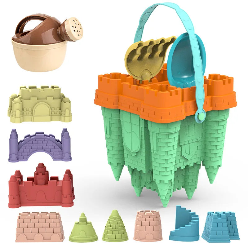Vibrant children's sandcastle playset with multiple molds, shovel, and bucket for endless beach and outdoor play.