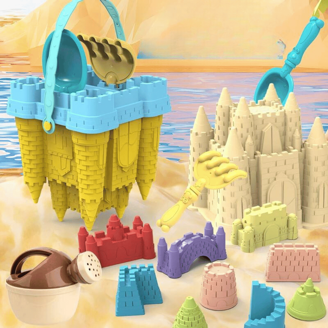 Colorful kids' sandcastle playset featuring various sand molds, a sturdy bucket, and shovel for creative summer beach fun.