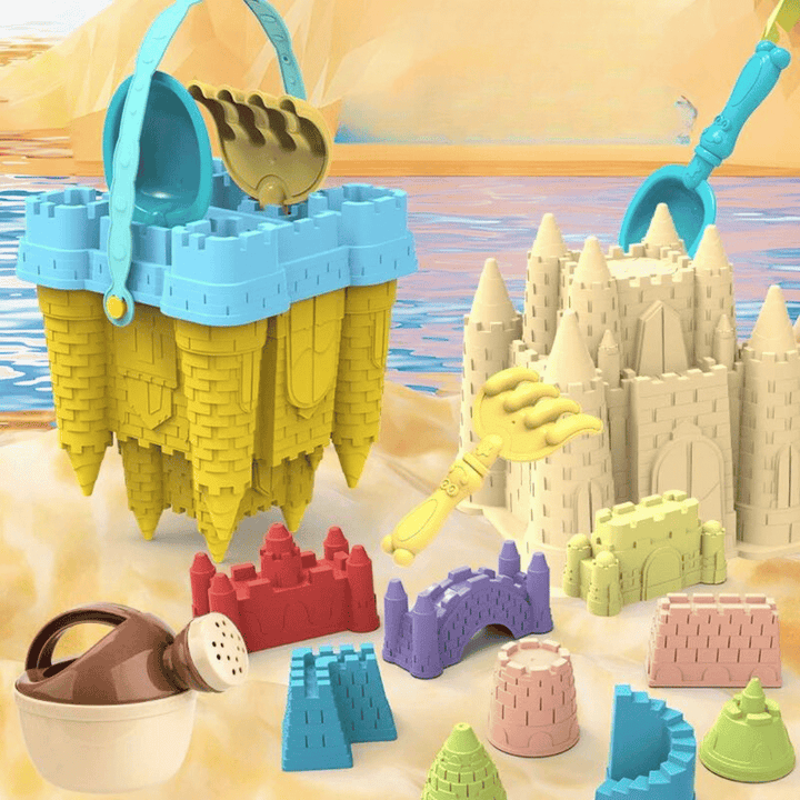 Colorful kids' sandcastle playset featuring various sand molds, a sturdy bucket, and shovel for creative summer beach fun.