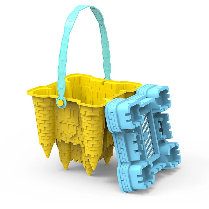 Complete children's sandcastle playset with a bright bucket, shovel, rake, and diverse sand molds for beach adventures.