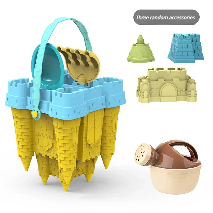 Fun children's sandcastle toy playset with colorful molds, bucket, and shovel, perfect for summer beach and sandpit play.