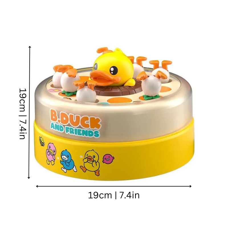 Animated electronic Duck Dash game showing small yellow ducks moving along a blue race path, great for children