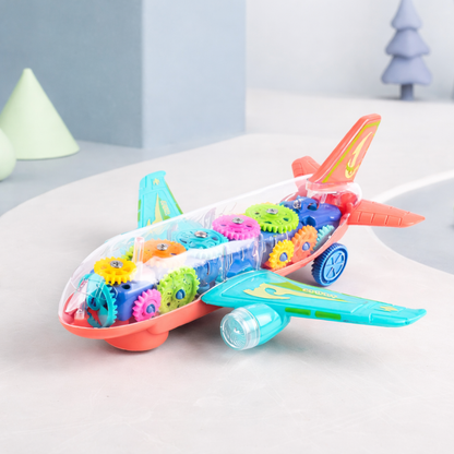 Vibrant electric gear airplane toy with flashing LED lights and music, perfect for toddlers' interactive indoor play
