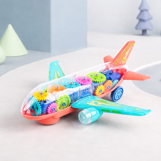Vibrant electric gear airplane toy with flashing LED lights and music, perfect for toddlers' interactive indoor play