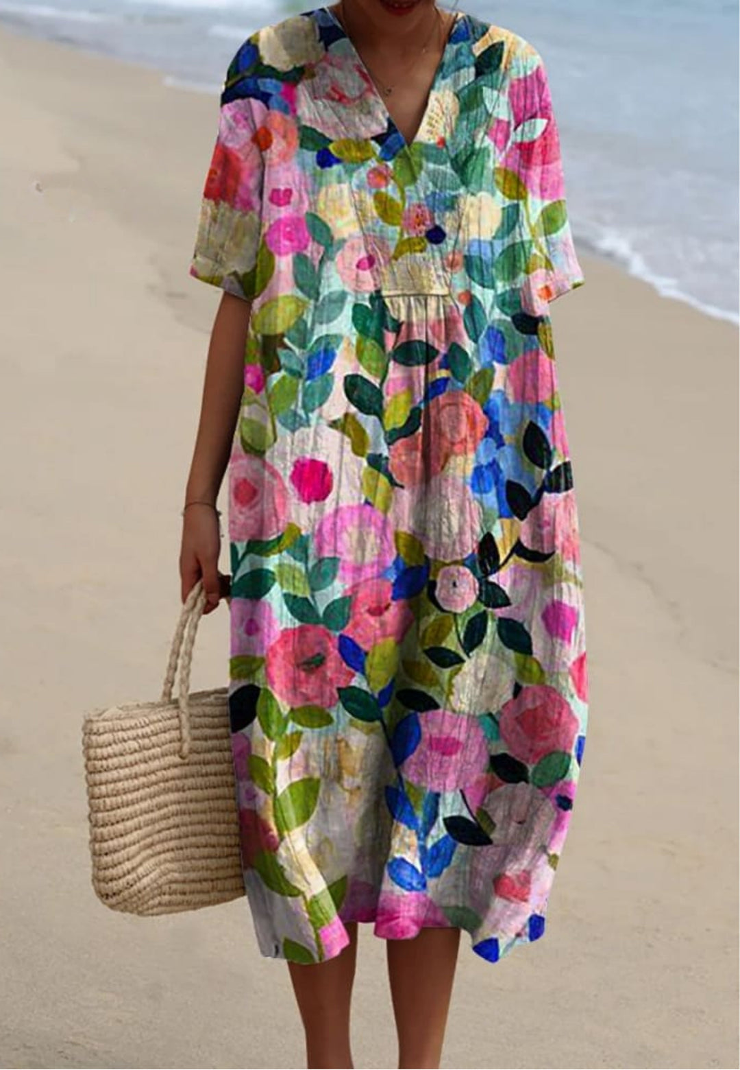 Vibrant floral garden print flowy dress for women, perfect for spring/summer casual or party wear. Relaxed A-line fit.