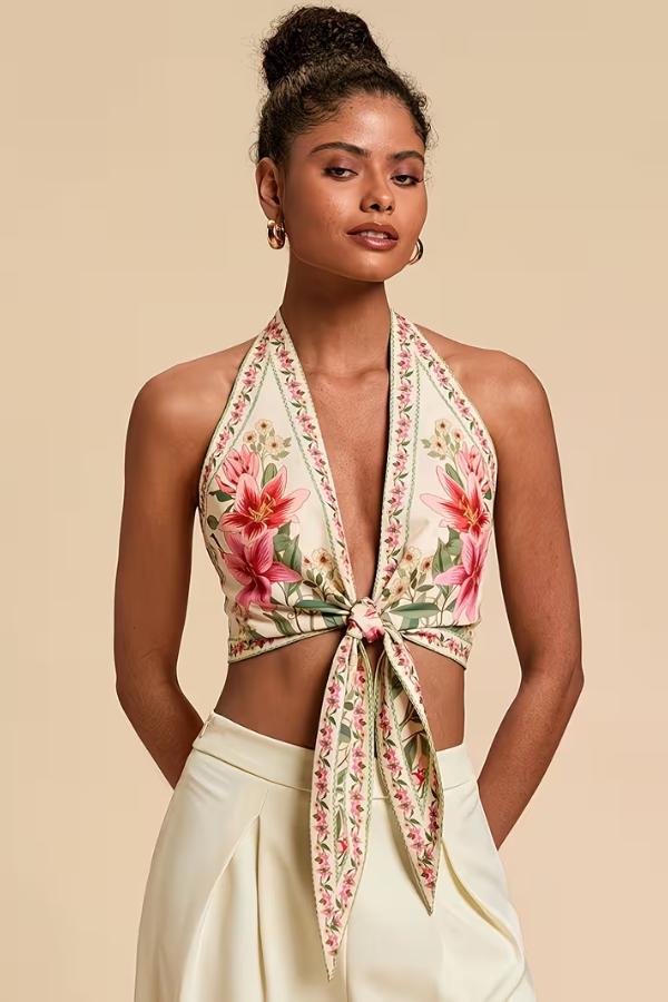 Vibrant floral women's halter top, a must-have for your summer vacation wardrobe.