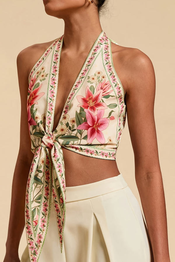 Colorful floral pattern on a women's halter top, bringing a vibrant touch to beachwear.