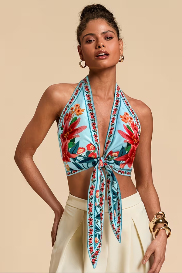 Lightweight women's vibrant floral halter top, an excellent choice for hot summer days.