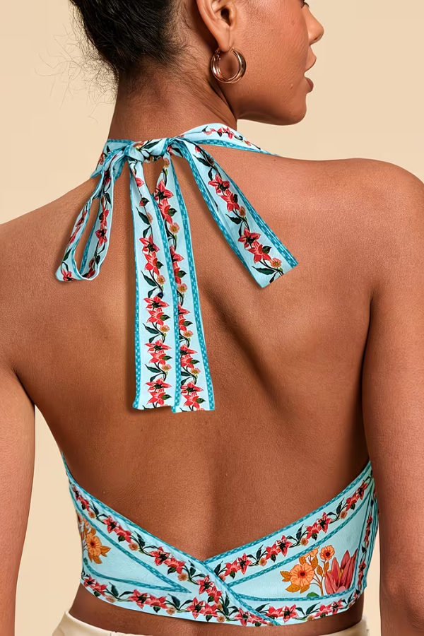 Unique vibrant floral halter top for women, combining style and comfort for vacation.