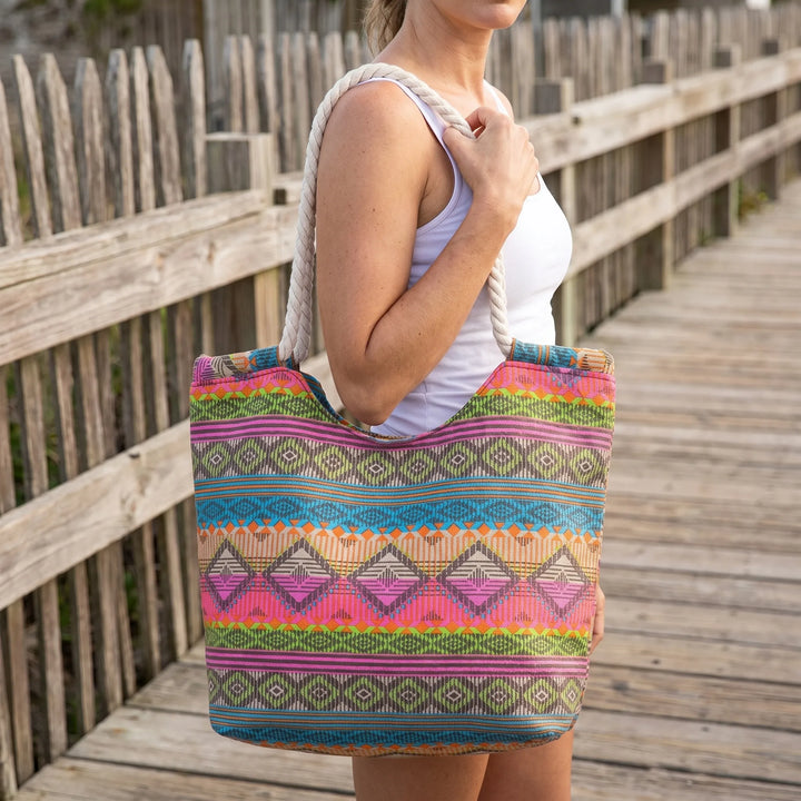 Vibrant geometric print women's shoulder tote bag. Spacious, colorful, ideal for daily use or travel.