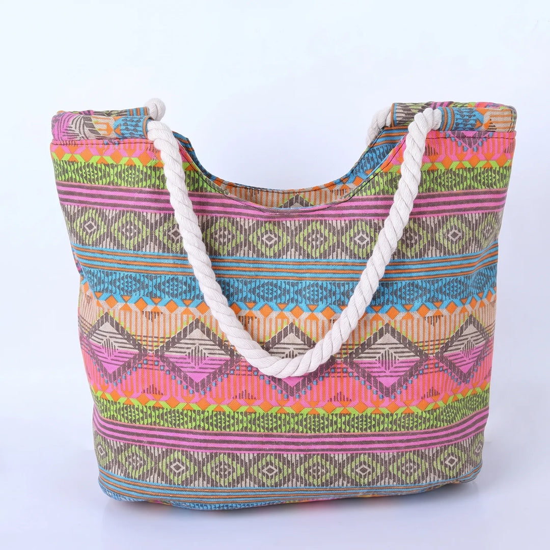 Casual women's vibrant geometric print shoulder tote bag. A colorful and stylish accessory for summer and daily use.
