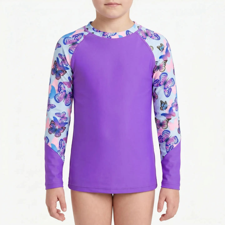 Stylish vibrant long-sleeve rash guard for girls. Ideal sun protection swimwear for active kids.