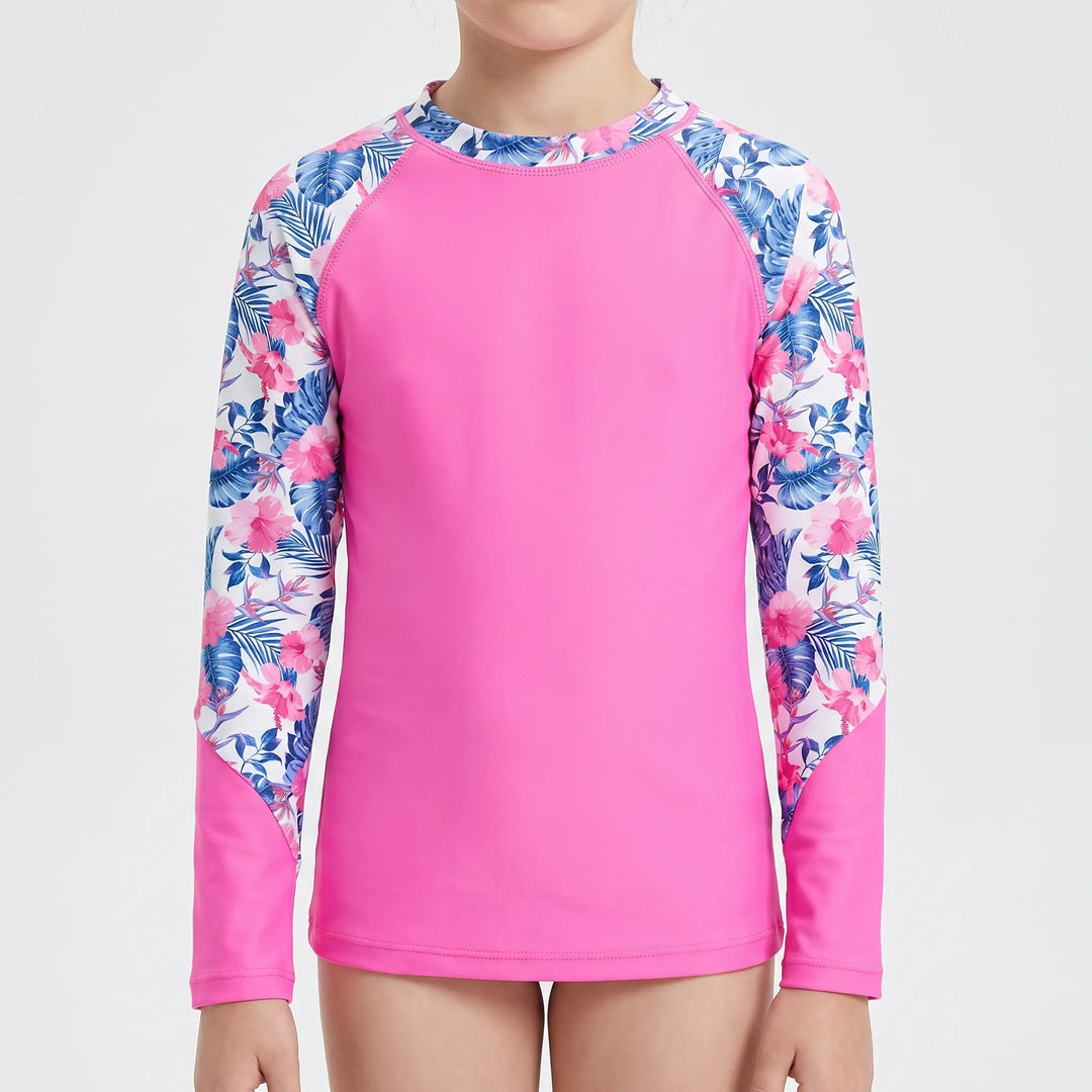 Girls' vibrant long-sleeve rash guard. Childrens swimwear with UPF sun protection for beach & pool.